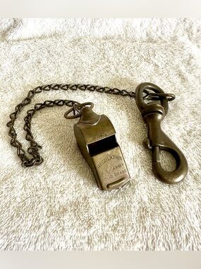 Vintage US Army Regulation Solid Brass Whistle with Chain & Swivel Hook